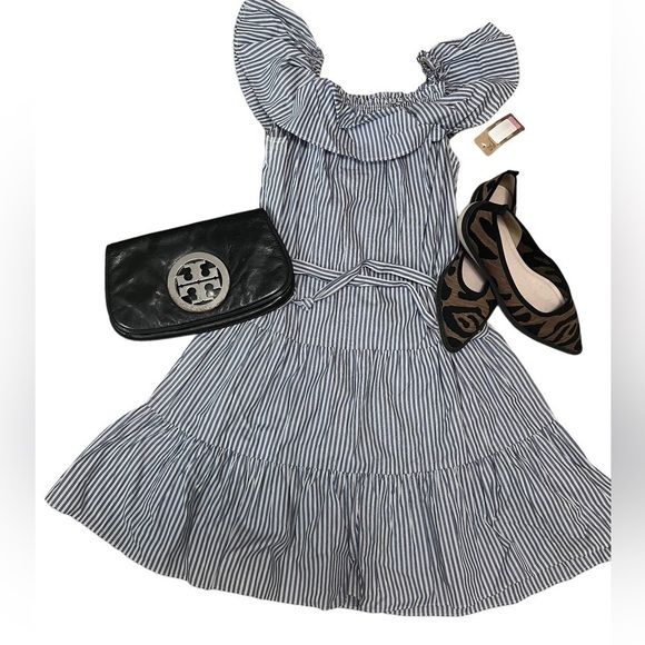 CREMIEUX Off The Shoulder Blue and White Pinstriped Dress - Picture 5 of 14